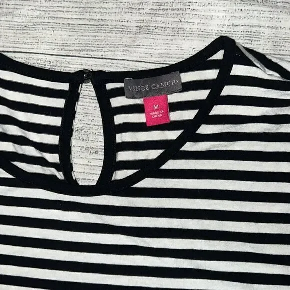 Vince Camuto Black White Stripe Asymmetrical Tunic Top 3/4 Sleeves Stretch sz M - Picture 5 of 9